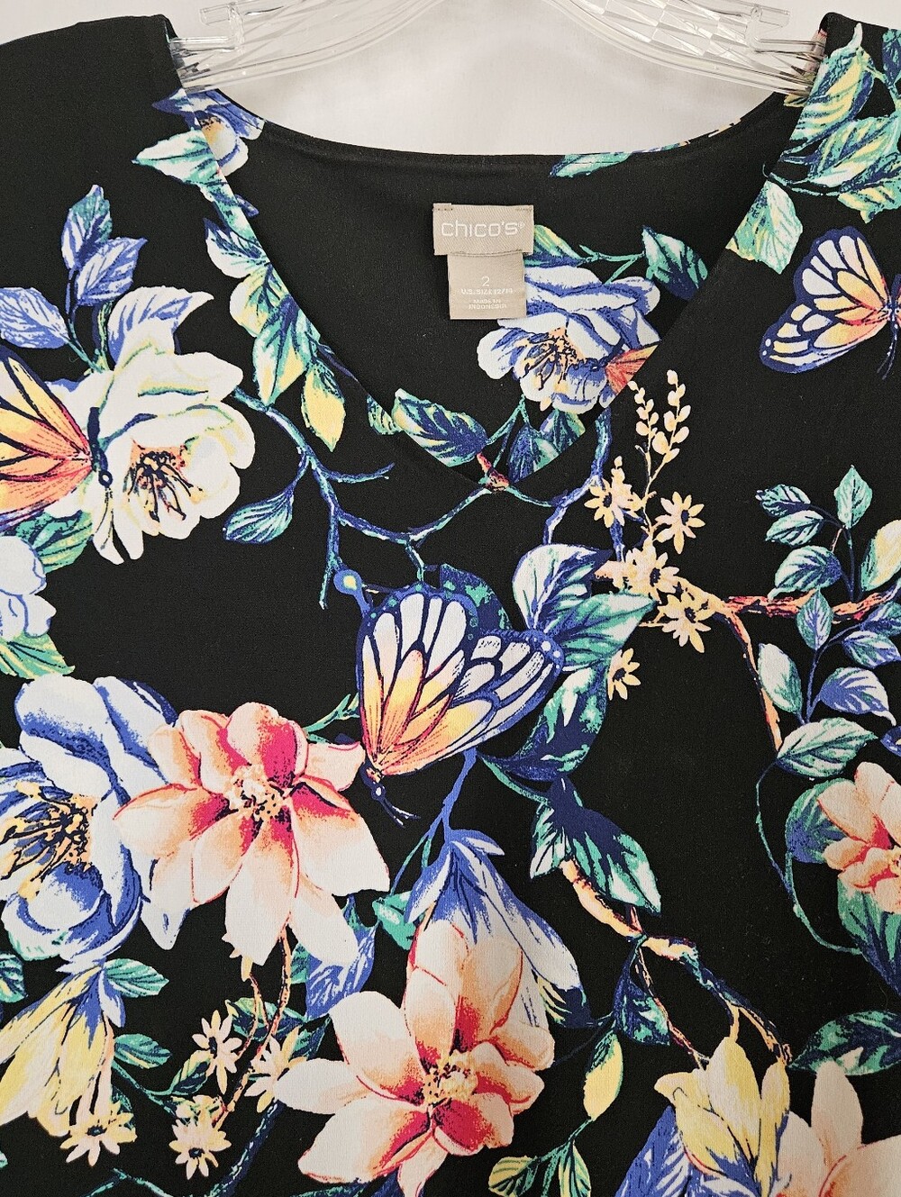 Black Floral Midi Dress with Multicolor Blooms Chico's Knee Length Floral Dress - Picture 4 of 10